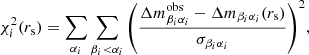 Mathematical equation: $$ \begin{aligned}&\chi _i^2(r_{\rm s})=\sum \limits _{\alpha _i}{\sum \limits _{\beta _i < \alpha _i}\left(\frac{{\Delta m^\mathrm{obs}_{\beta _i\alpha _i}-\Delta m_{\beta _i\alpha _i}(r_{\rm s})}}{\sigma _{\beta _i\alpha _i}}\right)^2}, \end{aligned} $$
