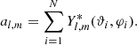 Mathematical equation: $$ \begin{aligned} a_{l,m} = \sum _{i=1}^NY^*_{l,m}(\vartheta _i,\varphi _i). \end{aligned} $$
