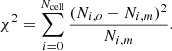 Mathematical equation: $$ \begin{aligned} \chi ^2=\sum _{i=0}^{N_{\rm cell}}\frac{(N_{i,o}-N_{i,m})^2}{N_{i,m}}. \end{aligned} $$