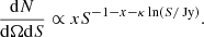 Mathematical equation: $$ \begin{aligned} \frac{\mathrm{d}N}{\mathrm{d}\Omega \mathrm{d}S}\propto xS^{-1-x-\kappa \ln (S/\text{ Jy})}. \end{aligned} $$