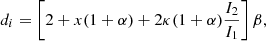 Mathematical equation: $$ \begin{aligned} d_i = \left[2+x(1+\alpha )+2\kappa (1+\alpha )\frac{I_2}{I_1}\right]\beta ,\end{aligned} $$