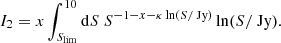 Mathematical equation: $$ \begin{aligned} I_2&= x\int _{S_{\rm lim}}^{10}\mathrm{d}S~S^{-1-x-\kappa \ln (S/\text{ Jy})}\ln (S/\text{ Jy}). \end{aligned} $$
