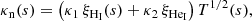 Mathematical equation: $$ \begin{aligned} \kappa _{\rm n}(s)&=\left( \kappa _1 \,\xi _{\rm H_{I}}(s)+\kappa _2\, \xi _{\rm He_{I}}\right) T^{1/2}(s), \end{aligned} $$