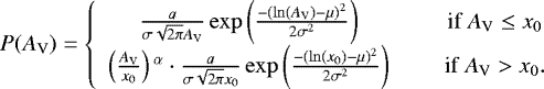 Mathematical equation: \begin{align*}P(A_{\textrm{V}}) = \left\{\begin{array}{cc} \frac{a}{\sigma \sqrt{2\pi}A_{\textrm{V}}}\exp \left(\frac{-(\ln(A_{\textrm{V}})-\mu){}^2}{2\sigma ^2}\right) \notag & \hspace{5mm} \text{if} A_{\textrm{V}} \leq x_0 \\\left(\frac{A_{\textrm{V}}}{x_0}\right){}^{\alpha} \cdot \frac{a}{\sigma \sqrt{2\pi}x_0}\exp \left(\frac{-(\ln(x_0)-\mu){}^2}{2\sigma ^2}\right) \notag & \hspace{5mm} \text{if} A_{\textrm{V}}>x_0. \\\end{array} \right.\end{align*}
