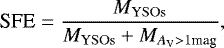 Mathematical equation: \begin{equation*}\textrm{SFE}= \frac{M_{\mathrm{YSOs}}}{M_{\mathrm{YSOs}}+M_{A_{\textrm{V}}>1\textrm{mag}}},\end{equation*}