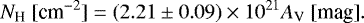 Mathematical equation: \begin{equation*}N_{\textrm{H}} \textrm{[cm}^{-2}] = (2.21 \pm 0.09) \times 10^{21} A_{\textrm{V}} \textrm{[mag]}.\end{equation*}