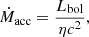 Mathematical equation: $$ \begin{aligned} \dot{M}_{\rm acc} = \frac{L_{\rm bol}}{\eta c^2}, \end{aligned} $$
