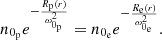 Mathematical equation: $$ \begin{aligned} n_{0_{\rm p}}e^{-\frac{R_{\rm p}(r)}{\omega _{0_{\rm p}}^{2}}}=n_{0_{\rm e}}e^{-\frac{R_{\rm e}(r)}{\omega _{0_{\rm e}}^{2}}}. \end{aligned} $$