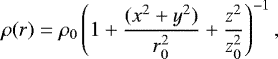 Mathematical equation: \begin{equation*} \rho(r) = \rho_{0}\left(1+\frac{(x^2+y^2)}{r_0^2}+\frac{z^2}{z_0^2}\right)^{-1},\end{equation*}