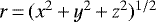 Mathematical equation: $r\,{=}\,(x^2{\,+\,}y^2{\,+\,}z^2)^{1/2}$