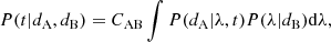 Mathematical equation: $$ \begin{aligned} P(t | d_{\rm A}, d_{\rm B}) = C_{\rm AB} \int P(d_{\rm A}|\lambda ,t) P (\lambda | d_{\rm B}) \mathrm{d}\lambda , \end{aligned} $$