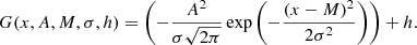 Mathematical equation: $$ \begin{aligned} G(x, A, M, \sigma , h) = \left(-\frac{A^{2} }{\sigma \sqrt{2 \pi }} \exp \left(-\frac{(x - M)^{2}}{2 \sigma ^{2}}\right)\right) + h. \end{aligned} $$