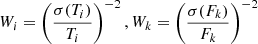 Mathematical equation: $$ \begin{aligned} W_i = \left( \frac{\sigma (T_i)}{T_i} \right)^{-2},W_k = \left( \frac{\sigma (F_k)}{F_k} \right)^{-2} \end{aligned} $$