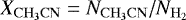 Mathematical equation: $X_{\mathrm{CH_3CN}} \;{=}\; N_{\mathrm{CH_3CN}}/ N_{\mathrm{H_2}}$