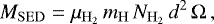 Mathematical equation: \begin{equation*}M_{\rm{SED}} = \mu_{\mathrm{H_2}}\,m_{\rm{H}}\,N_{\mathrm{H_2}}\,d^{2}\,\Omega\,, \end{equation*}