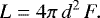 Mathematical equation: \begin{equation*}L = 4\pi\,d^{2}\,F. \end{equation*}