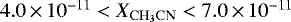 Mathematical equation: $4.0\,{\times}\,10^{-11}<X_{\mathrm{CH_3CN}}<7.0\,{\times}\,10^{-11}$