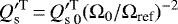 Mathematical equation: \begin{equation*}Q^{\prime \rm T}_{\textrm{s}}\,{=}\,Q_{\textrm{s 0}}^{\prime \rm T} (\Omega_{0}/\Omega_{\textrm{ref}}){}^{-2}\end{equation*}