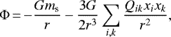 Mathematical equation: \begin{equation*}\Phi\,{=}\,{-}\frac{Gm_{\textrm{s}}}{r} - \frac{3G}{2r^{3}} \sum_{i, k} \frac{Q_{ik} x_{i} x_{k}}{r^{2}},\end{equation*}