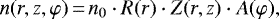 Mathematical equation: \begin{equation*}n(r,z,\varphi)\,{=}\, n_0 \cdot R(r)\cdot Z(r,z)\cdot A(\varphi), \end{equation*}