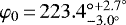 Mathematical equation: $\varphi_{0}\,{=}\,223.4^{\circ+2.7^{\circ}}_{-3.0^{\circ}}$