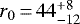 Mathematical equation: $r_0\,{=}\,44^{+8}_{-12}$