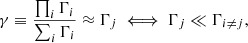 Mathematical equation: $$ \begin{aligned} \gamma \equiv \frac{\prod _{i}\Gamma _{i}}{\sum _{i}\Gamma _{i}}\approx \Gamma _{j} \iff \Gamma _{j} \ll \Gamma _{i\ne j}, \end{aligned} $$