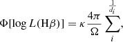 Mathematical equation: $$ \begin{aligned} \Phi [\log L(\mathrm{H} \beta )] = \kappa \frac{4\pi }{\Omega } \sum \limits _{i} \frac{1}{d_i}, \end{aligned} $$