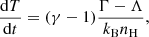 Mathematical equation: $$ \begin{aligned} \frac{\mathrm{d}T}{\mathrm{d}t} = (\gamma -1) \frac{\Gamma - \Lambda }{k_{\rm B}n_{\rm H}} ,\end{aligned} $$