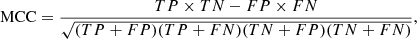 Mathematical equation: $$ \begin{aligned}&\mathrm{MCC} = \frac{{TP \times TN - FP \times FN}}{\sqrt{{(TP + FP)(TP + FN)(TN + FP)(TN + FN)}}}, \end{aligned} $$