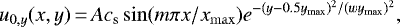 Mathematical equation: \begin{equation*}u_{0,y}(x,y)\,{=}\,A c_{\textrm{s}} \sin(m\pi x/x_{\mathrm{max}})e^{-(y-0.5y_{\mathrm{max}})^2/(w y_{\mathrm{max}})^2},\end{equation*}