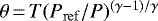 Mathematical equation: $\theta\,{=}\,T(P_{\mathrm{ref}}/P)^{(\gamma-1)/\gamma}$