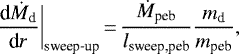 Mathematical equation: \begin{equation*}\frac{\textrm{d}\dot{M}_{\textrm{d}}}{\textrm{d}r}\bigg|_{\textrm{sweep-up}}\,{=}\,\frac{\dot{M}_{\textrm{peb}}}{l_{\textrm{sweep,peb}}} \frac{m_{\textrm{d}}}{m_{\textrm{peb}}},\end{equation*}