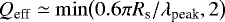 Mathematical equation: $Q_{\textrm{eff}} \simeq \mathrm{min}\big(0.6\pi R_{\textrm{s}}/\lambda_{\textrm{peak}}, 2\big)$