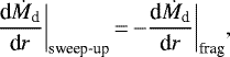 Mathematical equation: \begin{equation*}\frac{\textrm{d}\dot{M}_{\textrm{d}}}{\textrm{d}r}\bigg|_{\textrm{sweep-up}}\,{=}\,{-}\frac{\textrm{d}\dot{M}_{\textrm{d}}}{\textrm{d}r}\bigg|_{\textrm{frag}},\end{equation*}