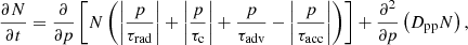 Mathematical equation: $$ \begin{aligned} {{\partial N}\over {\partial t}} = {{\partial }\over {\partial p}} \left[N\left(\left|{{p}\over {\tau _{\rm rad}}}\right| + \left|{{p}\over {\tau _{\rm c}}}\right| + {{p}\over {\tau _{\rm adv}}} - \left|{{p}\over {\tau _{\rm acc}}}\right| \right) \right] + {{\partial ^2}\over {\partial p}} \left(D_{\rm pp} N \right), \end{aligned} $$