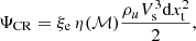 Mathematical equation: $$ \begin{aligned} \Psi _{\rm CR} = \xi _{\rm e}\,\eta (\mathcal{M} ) \frac{\rho _u V_{\rm s}^3 \mathrm{d}x_{\rm t}^2}{2}, \end{aligned} $$