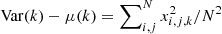 Mathematical equation: $ \mathrm{Var}(k) - \mu(k) = \sum\nolimits^N_{i,j}x_{i,j,k}^2/N^2 $