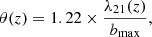 Mathematical equation: $$ \begin{aligned} \theta (z) = 1.22\times \frac{\lambda _{21}(z)}{b_{\rm max}}, \end{aligned} $$