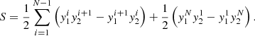 Mathematical equation: $$ \begin{aligned} S = \frac{1}{2} \sum \limits _{i=1}^{N-1}\left(y_1^i y_2^{i+1} - y_1^{i+1}y_2^i\right) + \frac{1}{2} \left(y_1^N y_2^1 - y_1^1 y_2^N\right). \end{aligned} $$