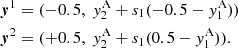 Mathematical equation: $$ \begin{aligned} \boldsymbol{y}^1&= (-0.5, \ y_2^\mathrm{A} + s_1 (-0.5 - y_1^\mathrm{A})) \\ \boldsymbol{y}^2&= (+0.5, \ y_2^\mathrm{A} + s_1 (0.5 - y_1^\mathrm{A})). \end{aligned} $$