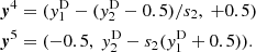 Mathematical equation: $$ \begin{aligned} \boldsymbol{y}^4&= (y_1^\mathrm{D} - (y_2^\mathrm{D} - 0.5)/s_2, \ +0.5) \\ \boldsymbol{y}^5&= (-0.5, \ y_2^\mathrm{D} - s_2 (y_1^\mathrm{D} + 0.5)). \end{aligned} $$