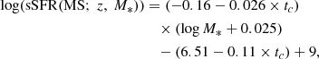 Mathematical equation: $$ \begin{aligned} \log (\mathrm{sSFR(MS}; \ z, \ M_*))&= (-0.16-0.026\times t_c) \\&\quad \times (\log M_{*} +0.025)\\&\quad - (6.51-0.11 \times t_c) + 9, \end{aligned} $$