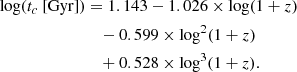 Mathematical equation: $$ \begin{aligned} \log (t_c \ [\mathrm{Gyr}])&= 1.143 - 1.026 \times \log (1+z)\\&\quad - 0.599 \times \log ^2 (1+z)\\&\quad + 0.528 \times \log ^3 (1+z). \end{aligned} $$