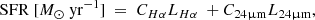 Mathematical equation: $$ \begin{aligned} \mathrm{SFR} \ [{M_{\odot } \ \mathrm{yr}^{-1}}] \ = \ C_{H\alpha } L_{H\alpha } \ + C_{24\upmu \mathrm{m}} L_{24 \upmu \mathrm{m}} ,\end{aligned} $$