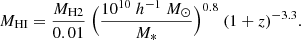 Mathematical equation: $$ \begin{aligned} M_{\rm HI} = \frac{M_{\mathrm{H2} }}{0.01} \ \Big (\frac{10^{10} \ h^{-1} \ M_\odot }{M_*} \Big )^{0.8} \ (1+z)^{-3.3} .\end{aligned} $$
