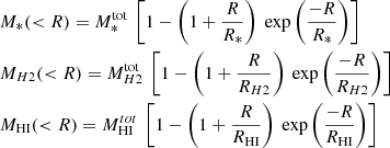 Mathematical equation: $$ \begin{aligned} \begin{aligned}&M_{*}(<R) = M^\mathrm{tot}_{*} \ \left[ 1- \left( 1+\frac{R}{R_{*}} \right) \ \exp \left(\frac{-R}{R_{*}}\right) \right]\\&M_{H2}(<R) = M^\mathrm{tot}_{H2} \ \left[ 1- \left( 1+\frac{R}{R_{H2}} \right) \ \exp \left(\frac{-R}{R_{H2}}\right) \right]\\&M_{\rm HI}( < R) = M^{tot}_{\rm HI} \ \left[ 1- \left( 1+\frac{R}{R_{\rm HI}} \right) \ \exp \left(\frac{-R}{R_{\rm HI}}\right) \right] \end{aligned} \end{aligned} $$