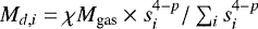 Mathematical equation: $M_{d,i}=\chi M_{\textrm{gas}}\times s_i^{4-p}/\sum_i s_i^{4-p}$