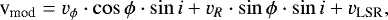 Mathematical equation: \begin{equation*} \textrm{v}_{\textrm{mod}} = v_{\phi}\cdot \cos{\phi} \cdot \sin{i} + v_{R}\cdot \sin{\phi} \cdot \sin{i} +v_{\textrm{LSR}}, \end{equation*}
