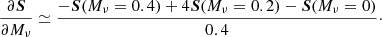 Mathematical equation: $$ \begin{aligned} \frac{\partial \boldsymbol{S}}{\partial M_\nu } \simeq \frac{-\boldsymbol{S}(M_\nu =0.4)+4\boldsymbol{S}(M_\nu =0.2) - \boldsymbol{S}(M_\nu =0)}{0.4}\cdot \end{aligned} $$